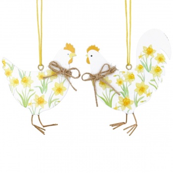 Gisela Graham Wooden Hen and Rooster Daffodil Easter Decorations