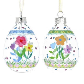 Gisela Graham Set of 2 Pastel and Floral Glass Egg Easter Decorations