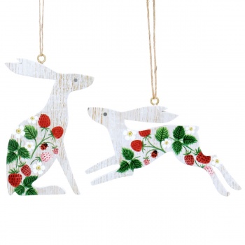 Gisela Graham Set of 2 Wooden Hares with Strawberry Design Easter Decorations