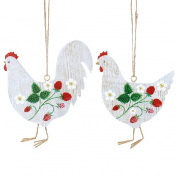 Gisela Graham Set of 2 Strawberry Design Rooster & Hen Easter Decorations