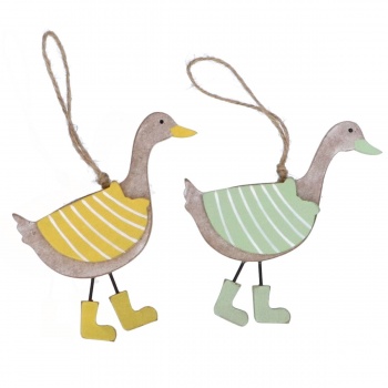 Gisela Graham Set of 2 Yellow and Green Wooden Duck Easter Decorations