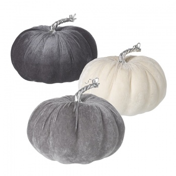 Heaven Sends Set of 3 Grey and Cream Velvet Pumpkin Halloween Decorations
