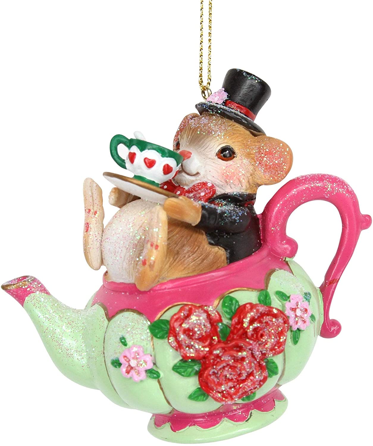 Gisela Graham Mouse in Teapot Hanging Christmas Decoration