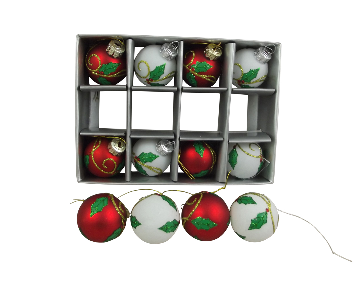 set of 12 holly decorated baubles