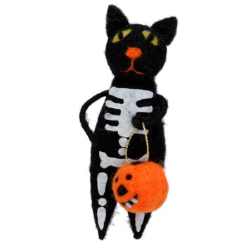 Gisela Graham Wool Skeleton Cat with Pumpkin Decoration