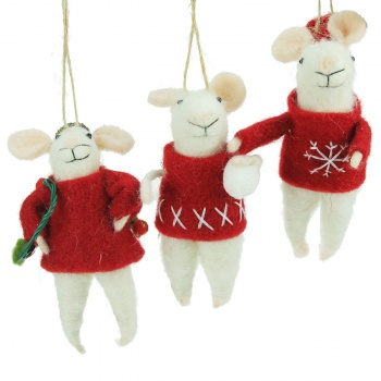 Gisela Graham Set of 3 Wool Mice Christmas Decorations