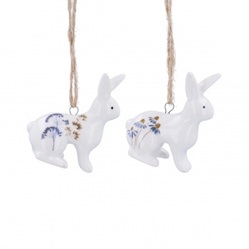 Gisela Graham Set of 2 Blue Meadow Ceramic Rabbit Easter Decorations