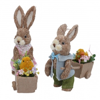 Gisela Graham Mr and Mrs Bunny with Carts Bristle Easter Decorations