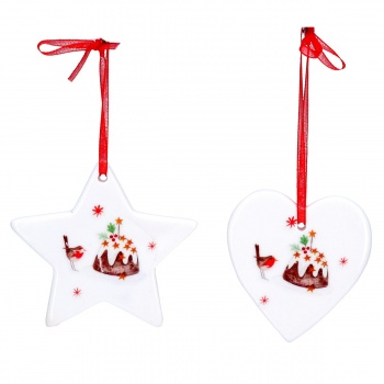 Gisela Graham Set of Two Heart and Star Ceramic Robin Christmas Tree Decorations