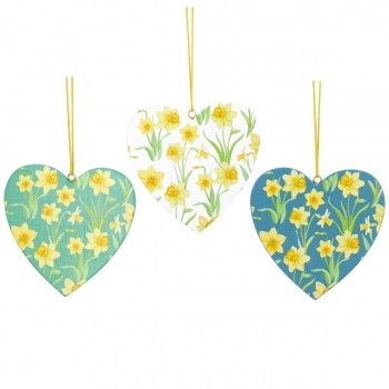 Gisela Graham Set of 3 Daffodil Design Wooden Easter Heart Decorations