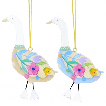 Gisela Graham Set of 2 Wooden Pastel Floral Geese Easter Decorations