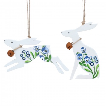 Gisela Graham Set of 2 Wooden Violet Design Rabbit Easter Decorations