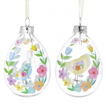 Gisela Graham Set of 2 Glass Eggs with Duck & Chick Design Easter Decoration