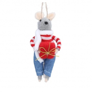 Gisela Graham Felt Mouse In Stripy Jumper With Gift Christmas Tree Decoration