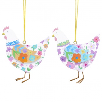 Gisela Graham Set of 2 Wooden Pastel Floral Hens Easter Decorations
