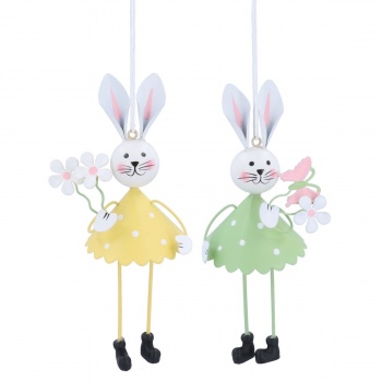 Gisela Graham Set of 2 Yellow and Green Tin Bunny Easter Decorations