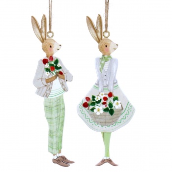 Gisela Graham Set of 2 Wooden Mr and Mrs Strawberry Bunny Easter Decorations