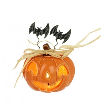 Heaven Sends Ceramic Light Up Pumpkin Head With Bats Halloween Decoration