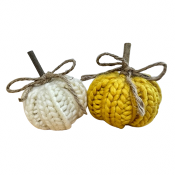 Heaven Sends Two Yellow and Cream Knitted Pumpkin Halloween Decorations