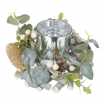 Heaven Sends Silver Eucalyptus and Pinecone Christmas Candle Holder