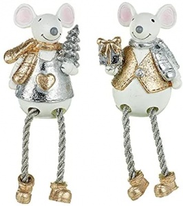 Heaven Sends Set of Two Silver and Gold Sitting Mice Christmas Decorations