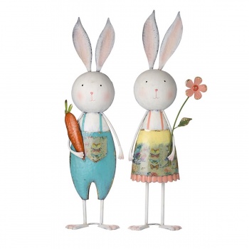 Heaven Sends Set of 2 Metal Rabbits with Flower and Carrot Ornaments