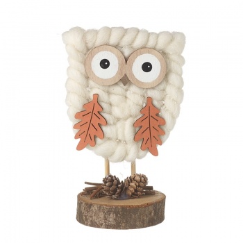 Heaven Sends Wool Owl On Log Slice Autumnal Decoration