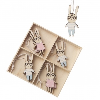 Heaven Sends Set of 8 Wooden Bunnies in Glasses Easter Decorations