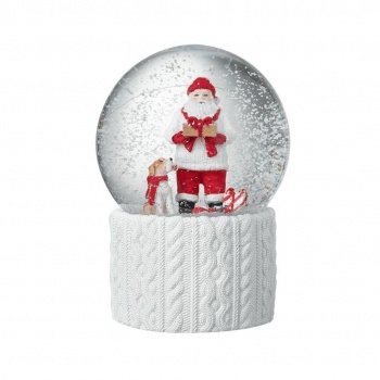 Heaven Sends Dog and Santa Christmas Snow Globe With White Knitted Base