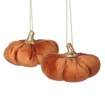 Heaven Sends Set of 2 Rustic Orange Velvet Hanging Pumpkin Halloween Decorations
