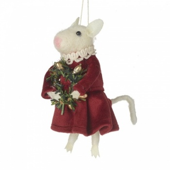 Heaven Sends Wool Mouse With Wreath Velvet Christmas Decoration