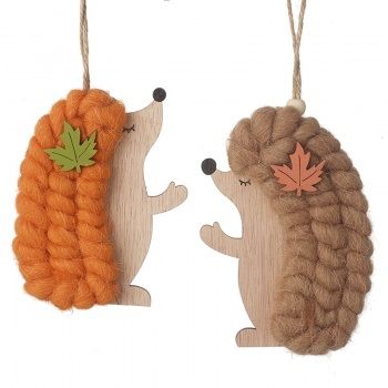 Heaven Sends Set of 2 Wooden and Wool Hedgehog Autumnal Decorations