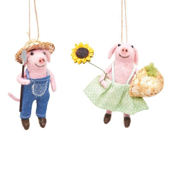 Sass & Belle Set of 2 Felt Farmer Pigs Hanging Decorations