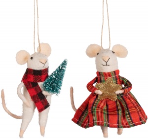 Sass & Belle Set of Two Mr and Mrs Felt Tartan Mice Christmas Tree Decoration