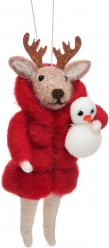 Sass & Belle Reindeer in Puffer Jacket with Snowman Christmas Tree Decoration