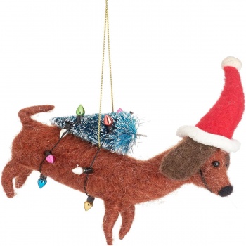 Sass & Belle Felt Sausage Dog with Tree Christmas Decoration