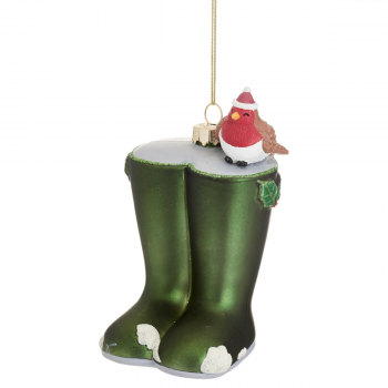 Sass and Belle Glass Wellies with Robin Christmas Tree Decoration