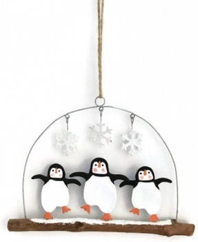 Shoeless Joe Dancing Penguins on a Driftwood Hanger Christmas Decoration