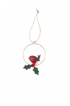 Shoeless Joe Robin in Gold Hoop with Holly Christmas Tree Decoration