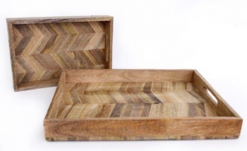 Sifcon Set of 2 Rustic Herringbone Wooden Trays