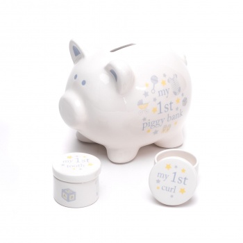 Widdop Blue Baby's Ceramic Piggy Bank, Tooth and Curl Gift Set