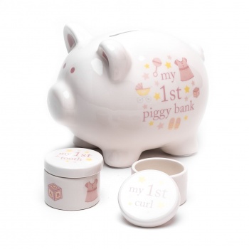 Widdop Pink Baby's Ceramic Piggy Bank, Tooth and Curl Gift Set