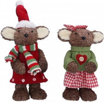 Gisela Graham Set of 2 Bristle Christmas Mice Standing Decorations