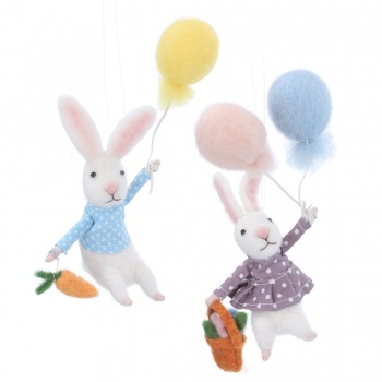 Gisela Graham Set of Two Felt Rabbits With Balloons Easter Decorations