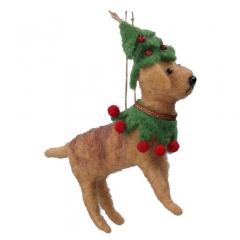 Gisela Graham Felt Dog with Festive Hat and Collar Christmas Tree Decoration