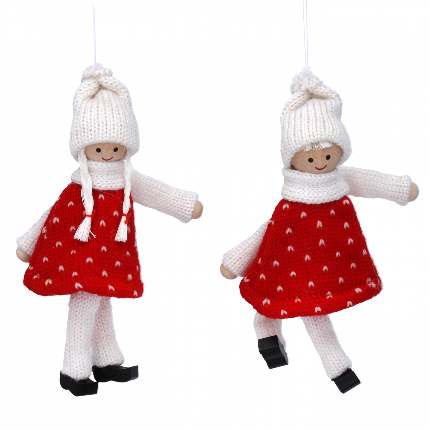 Gisela Graham Set of 2 Red and White Knitted Scandi Kids Decorations