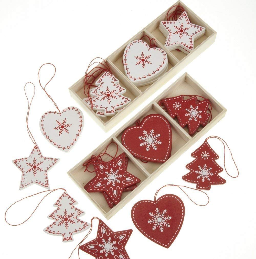 Heaven Sends Red And White Scandi Wooden Christmas Decorations