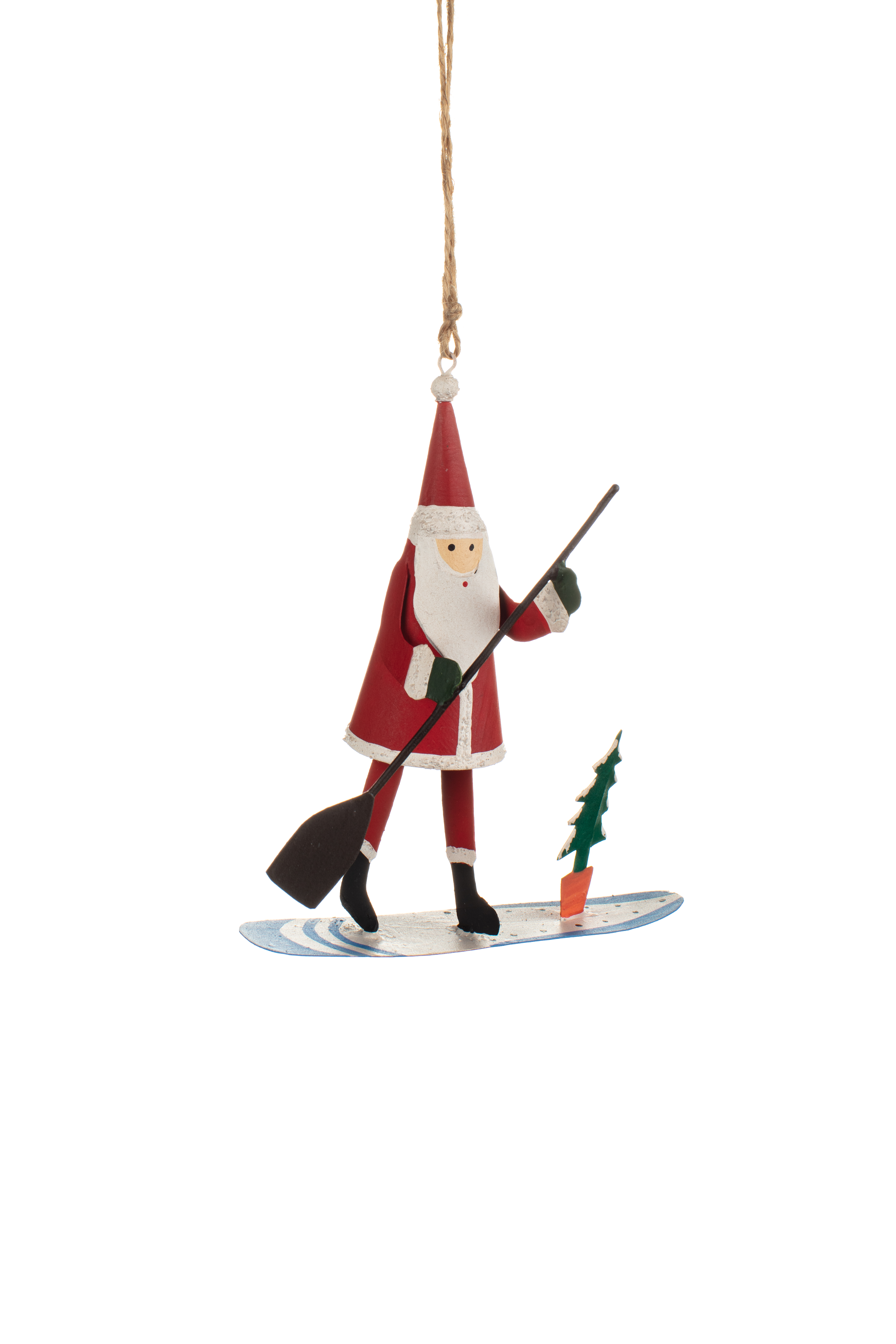 Shoeless Joe Metal Santa on a Paddleboard Christmas Tree Decoration