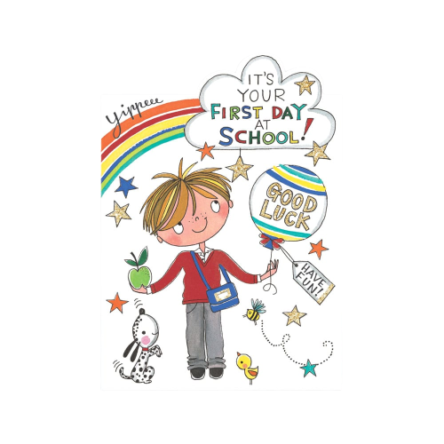 Rachel Ellen Biglietto Di Auguri 'First Day At School' Per Ragazzo Con Glitter Oro - Busta Inclusa
