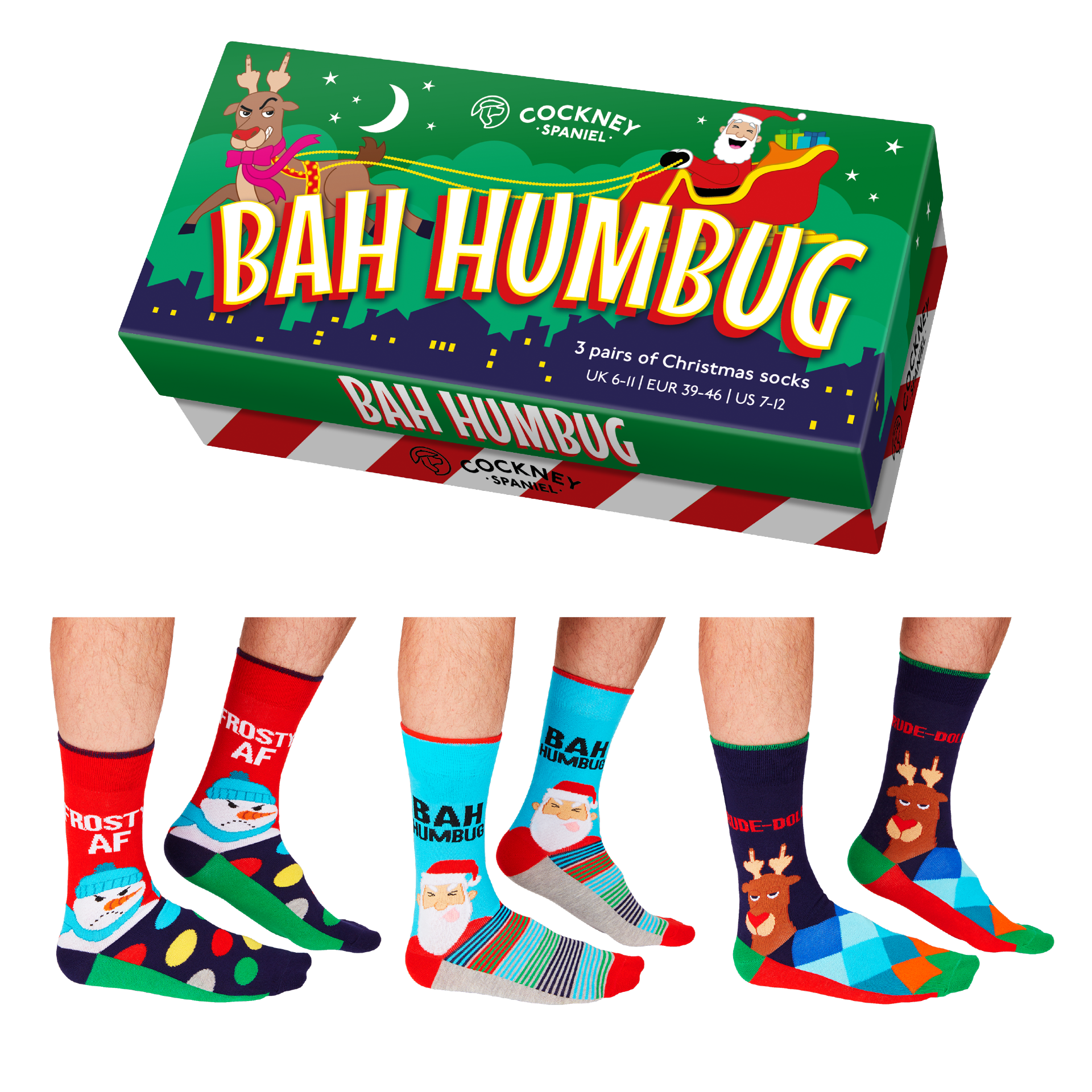 Cockney Spaniel 3 Pairs of Bah Humbug Men's Christmas Socks
